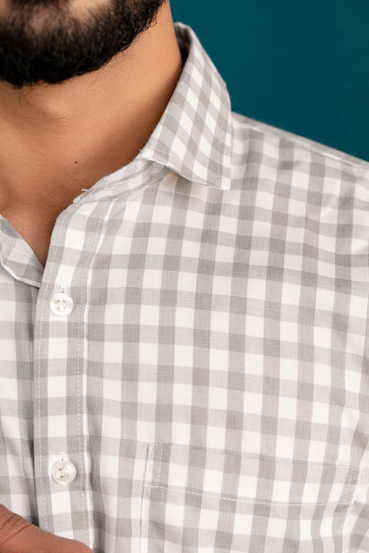 Grey-White Small Check Men's Casual Shirt