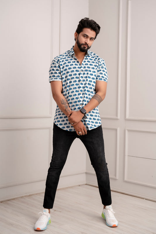 Short Sleeves White Shirt With Blue Camel Print