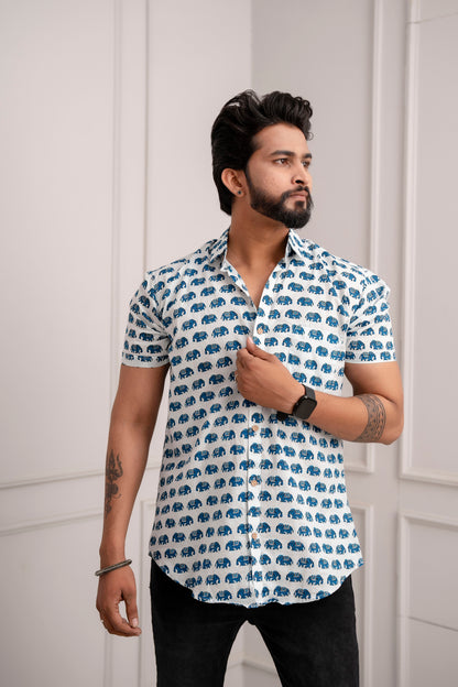 Short Sleeves White Shirt With Blue Camel Print