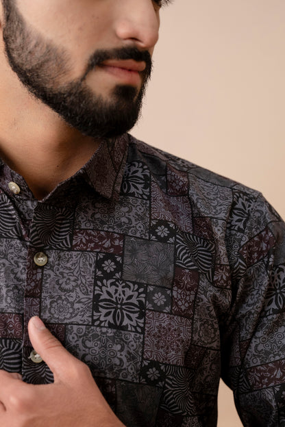 Satin Red Black Squire Print Shirt